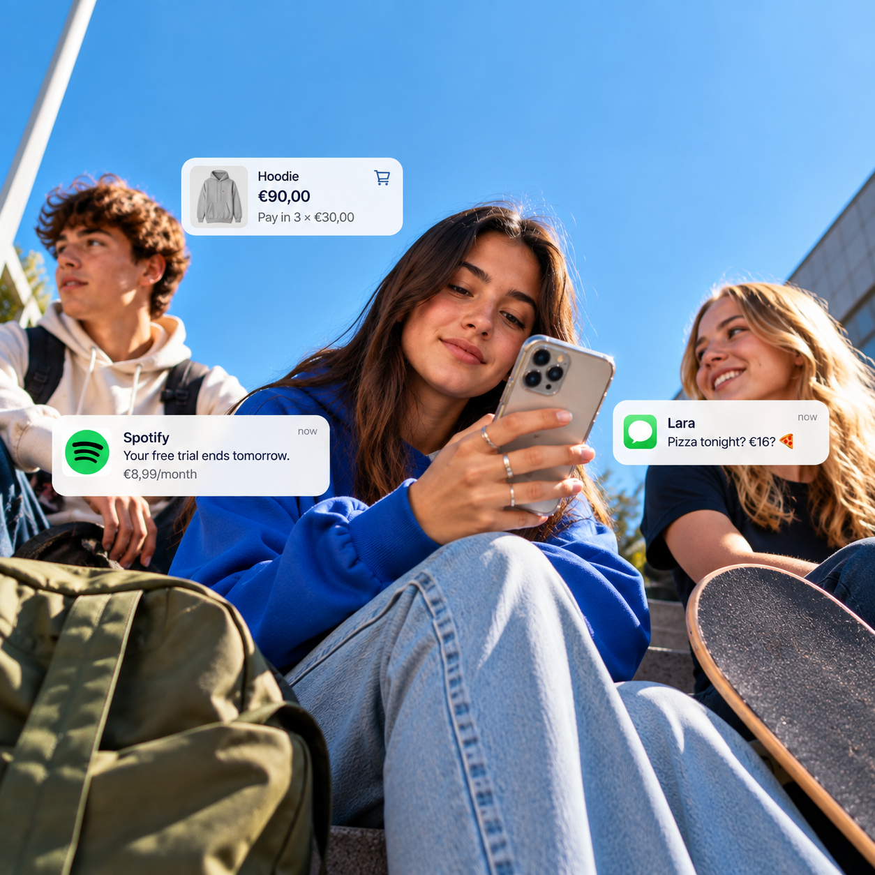 Three teenagers sitting outside while one looks at her phone showing a shopping notification, a subscription reminder and a message from a friend