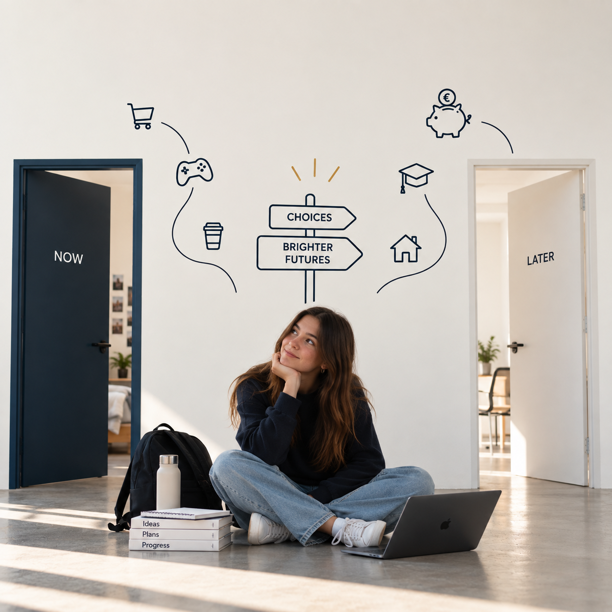 A teenage girl sitting on the floor between a NOW door and a LATER door, looking up at a CHOICES / BRIGHTER FUTURES signpost surrounded by everyday spending icons