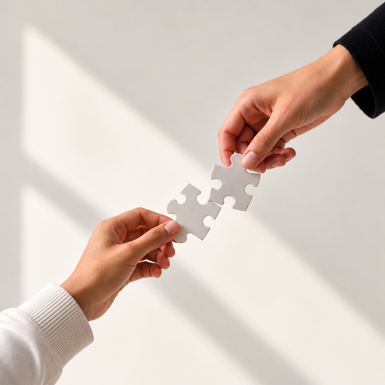 Two hands bringing two puzzle pieces together