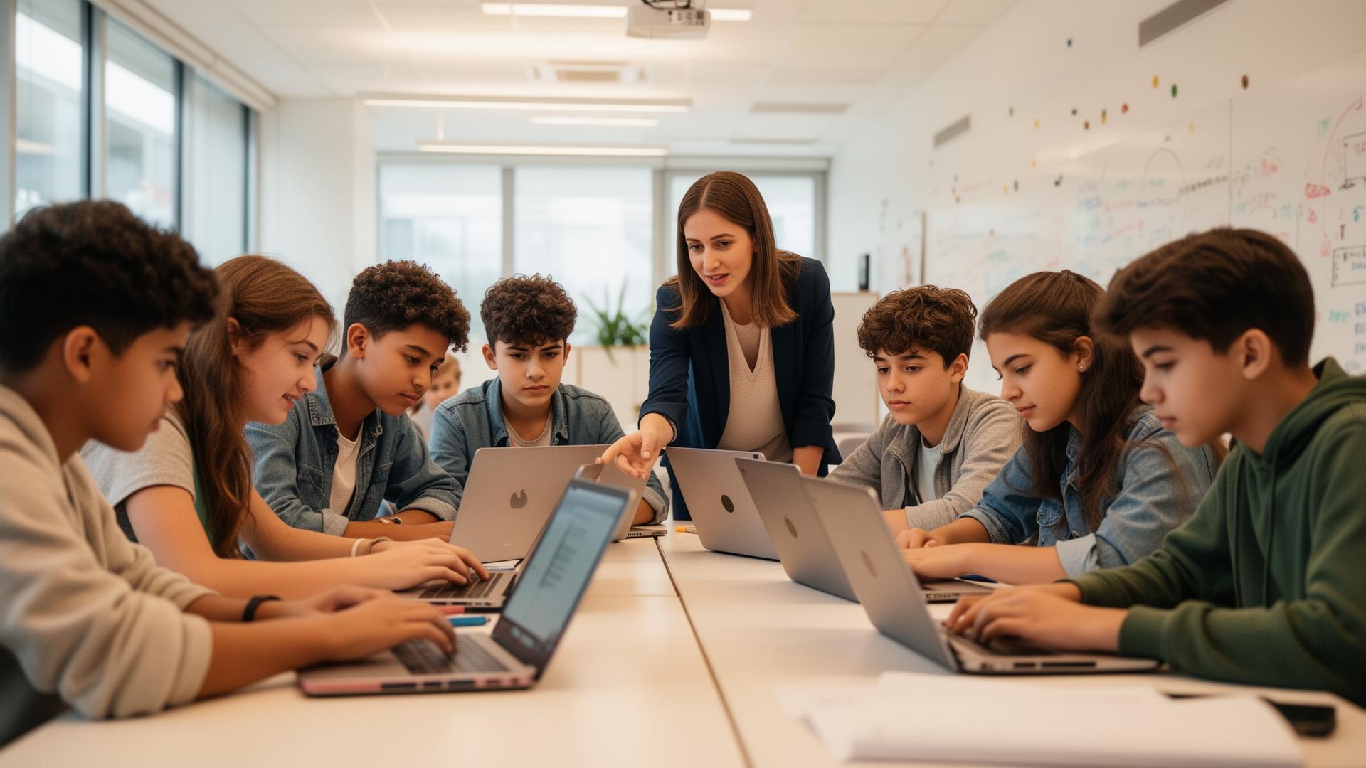 Teacher leading a classroom of diverse students using North Star on tablets